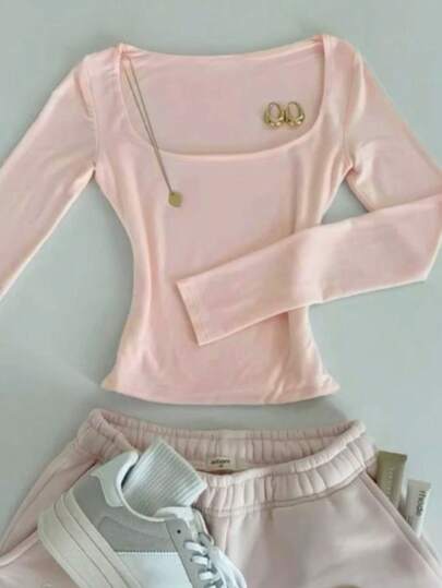 Glimmora Women's Teardrop Shaped Fitted Long Sleeve T-Shirt