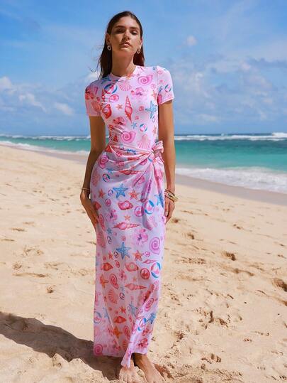 Swim Shayni 3pcs/Set Women's Pink Floral Print Round Neck Short Sleeve Top, Fitted Bermuda Shorts, And Long Mesh Skirt, Modest Swimsuit For Spring/Summer Vacation