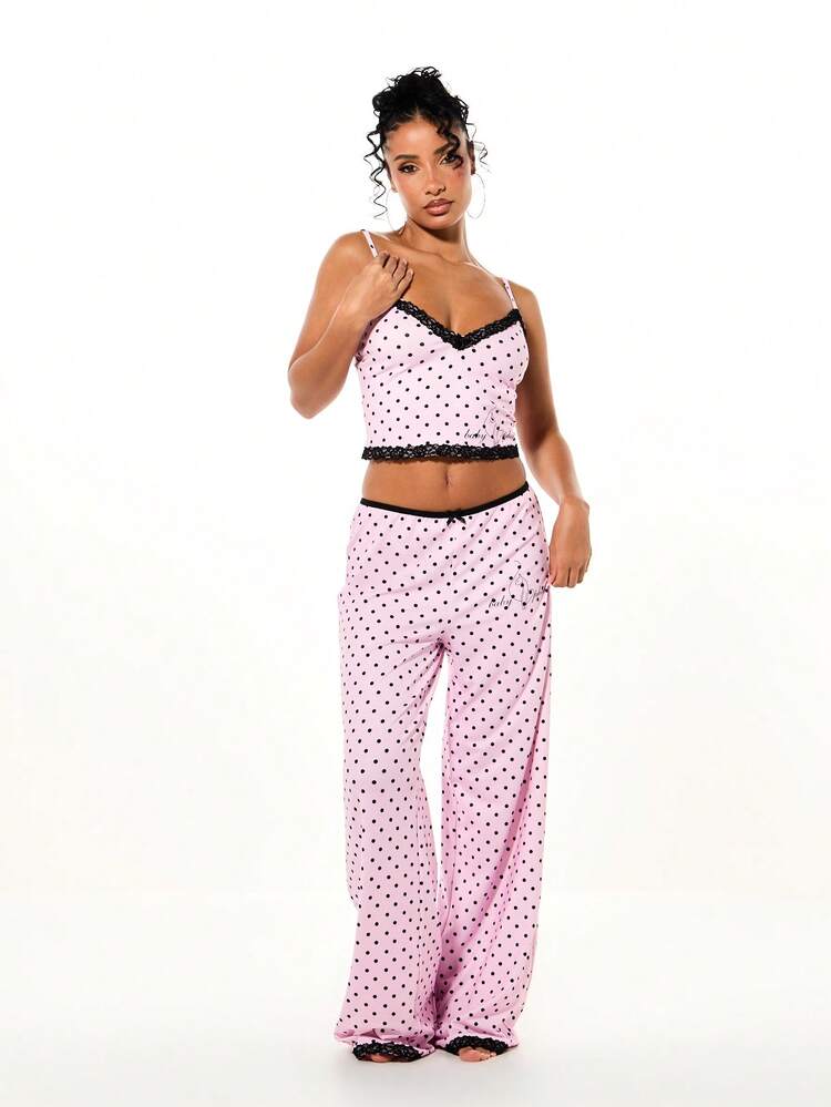 BABYPHAT Polka Dot Wide Leg Pajama Set With Lace Trim Cami Top And Trouser Sleepwear Loungewear Nightwear For Valentine's Day