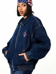 BABYPHAT Chaqueta vaquera oversize con estampado de logo y cierre con cremallera para moda casual de calle en invierno y otoño - Azul Marino - Ver 7