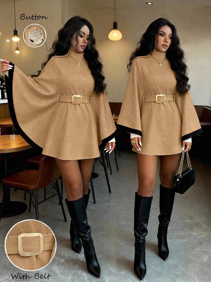 SHEIN Elenzya Women's Poncho Flare Sleeve Wool Blend Casual Elegant Streetwear Commute Business Romantic Date Party Christmas Autumn/Winter Apricot Overcoat - Khaki - View 1