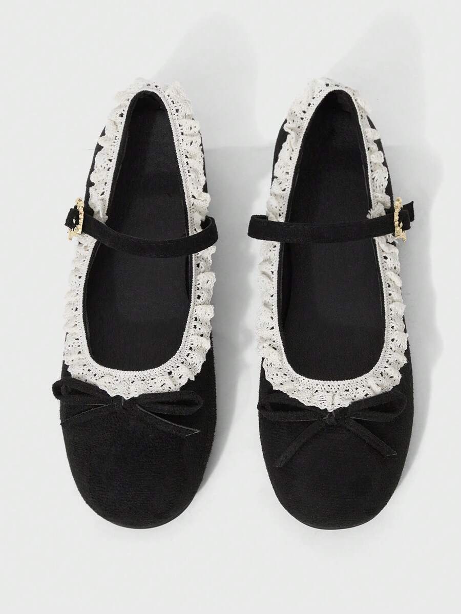 ROMWE Kawaii Sepatu Flat Wanita Modis & Manis dengan Hiasan Pita Renda untuk Natal dan Hari Valentine - Kain hitam + renda putih - View 1