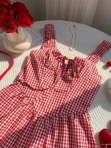 Comfortcana 女士格子印花系带无袖连体裤 - 紅色 - 查看 7