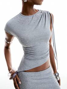 LYSMO 女士纯色铆钉设计圆领褶皱修身时尚T恤 - 淺灰色 - 查看 3
