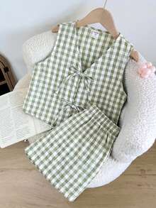 SHEIN Everyday Casual Tween Girls Short Plaid V Neck Tank Top With Knot Detail And Matching Shorts Co-Ord Set - Multicolor - View 3