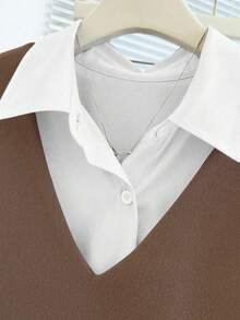 Franclia 2025秋季新品：女士二合一外套衬衫套装，采用巧妙的不对称剪裁、精致的纽扣装饰和可调节腰带，流畅的线条勾勒出纤细的身形，适合办公室通勤、休闲周末和日常外出等各种场合。棕色衬衫，适合工作场合，女士职业上衣，不对称上衣，商务休闲女式衬衫。 - 棕色 - 查看 6