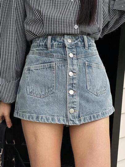 DAZY 女士常规腰围单排扣装饰休闲牛仔短裤