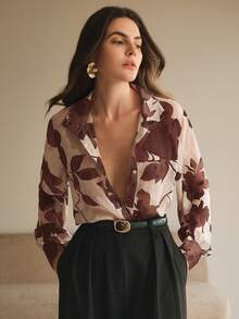 Anewsta 女士性感法式提花长袖衬衫，优雅休闲度假装，春季 - 棕色 - 查看 6