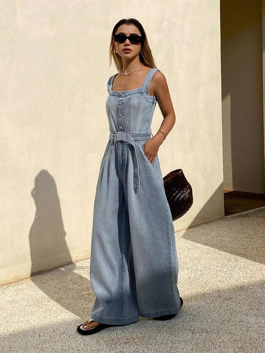 DAZY Women's Waist Belt Loose Fit Straight Leg Casual Denim Jumpsuit - Light Wash - View 1