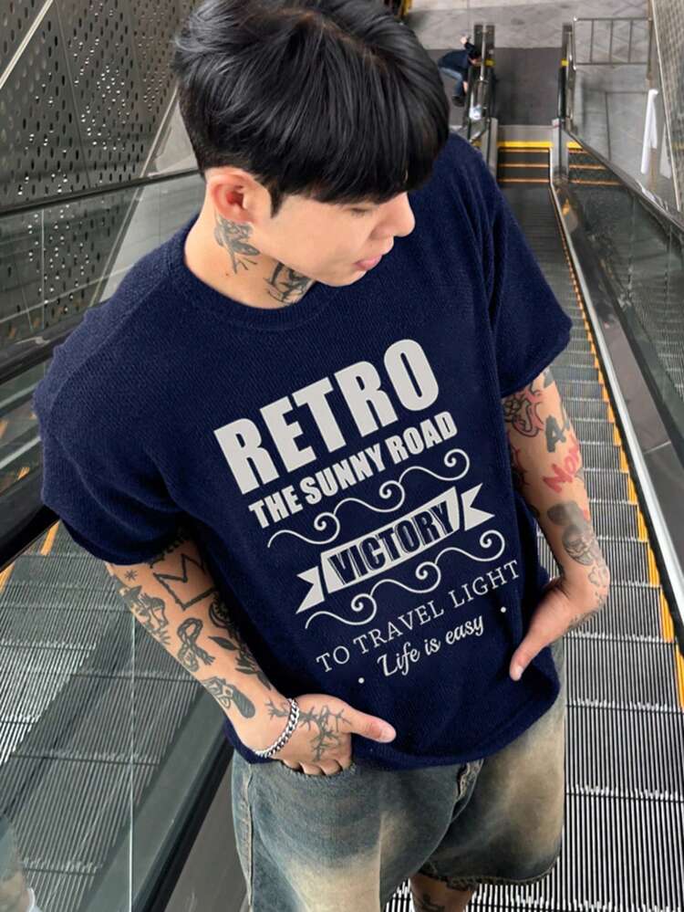 Men's Letter Print Crew Neck T-Shirt, Navy Blue, Summer
