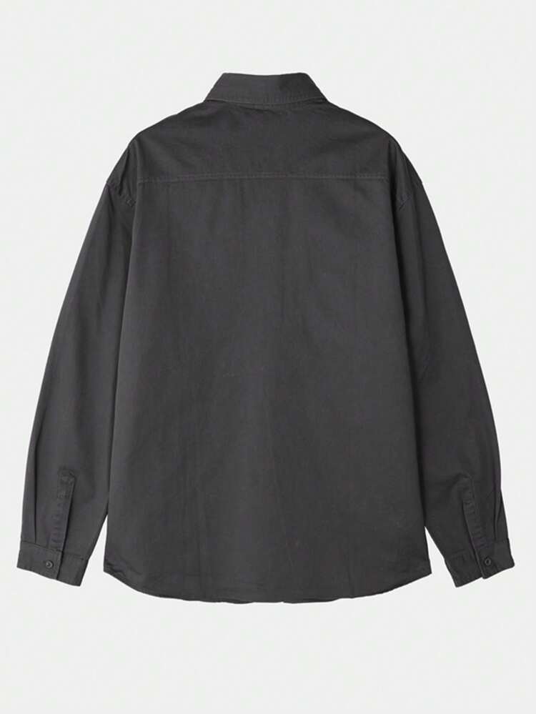 Men's Solid Dark Grey Commuter Shirt, Spring Long Sleeve Tops