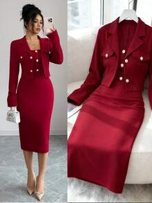 Elenzga 女士珍珠纽扣装饰连衣裙和翻领单排扣长袖外套休闲套装，适合派对、商务、外出等场合 - 酒紅色 - 查看 3