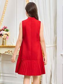少女春夏休闲优雅通勤立领修身褶皱A字纯色无袖梭织连衣裙，红色，适合婚礼、派对、节日和聚会等场合 - 紅色 - 查看 3
