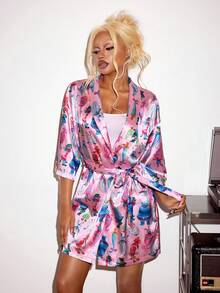 SHEIN Trolls Women's Comfortable All-Over Print Drop Shoulder Oversize Belted Robe - Pink - View 4