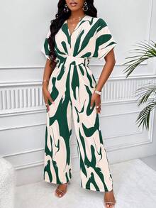 SOLERSUN All-Over Print V-Neck Waist Cinched Casual Short Sleeve Jumpsuit (Print Randomly)