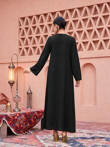 Al Najma Elegant  Arabic Style Gold Thread Embroidery Patchwork Maxi Dress For Women - Black - View 2