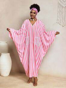 BamGleam Women's Striped Lace Patchwork Casual Loose Party Batwing Sleeve Dress - Multicolor - View 4