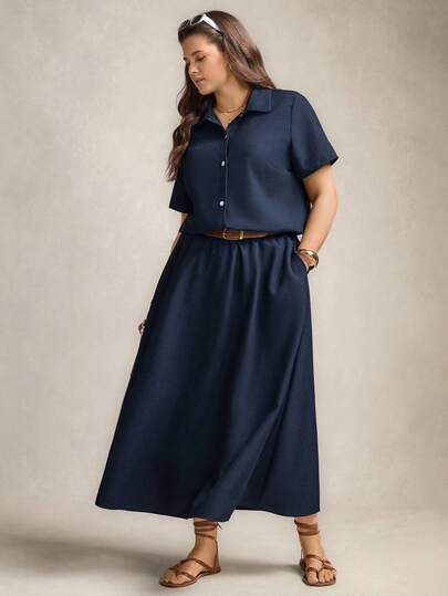 Zelara 大码女式纯色短袖单排扣衬衫和迷你裙休闲两件套