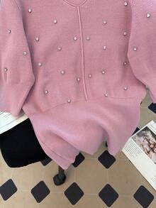 Franclia 女士春季V领水钻装饰纯色保暖毛衣，修身腰部设计，柔软针织短袖上衣，适合日常、通勤、居家、外出、感恩节等场合，女士春夏上衣 - 藕粉色 - 查看 7