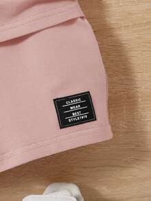 2pcs/Set Unisex Baby Letter Graphic Round Neck Short Sleeve T-Shirt & Casual Shorts Set - Dusty Pink - View 6