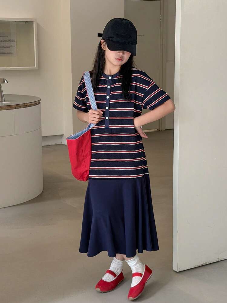 Tween Girls Round Neck Striped Contrast Color Mid-Length Short Sleeve Dress