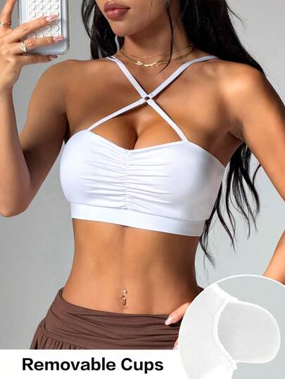 Dewbera Women's Solid Color Pleated Everyday Fitness Sports Bra