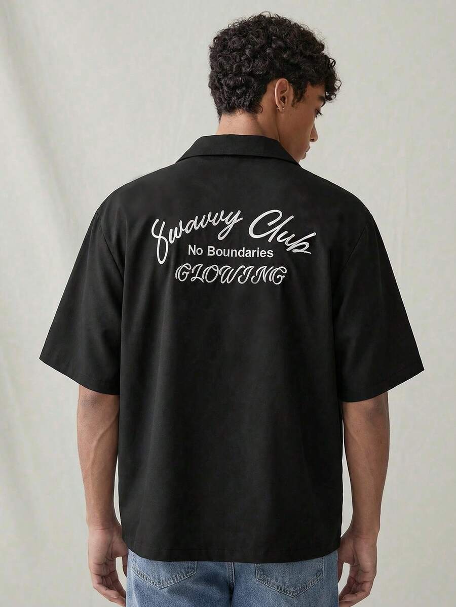 SWAVVY Men's Fashion Letter Embroidered Short Sleeve Shirt, Spring/Summer Black Graphic Shirt Men Graphic Shirt - Black - View 1