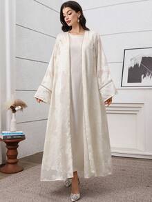 Al Najma Aprikosfärgad jacquard-lappstickad spetskofta och ärmlös klänning, elegant fransk stil i arabisk stil för kvinnor - Aprikos - Visa 4