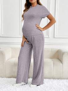 SHEIN Maternity Solid Color Short Sleeve Ribbed T-Shirt And Adjustable Waist Casual Pants Set - Mauve Purple - View 4