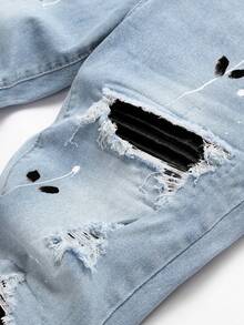 Manfinity Roughcore Men's Distressed Slant Pocket Color Block Cotton Splash Ink Ripped Jeans,Light Blue,Summer,Streetwear,City Break Casual Versatile Light Wash Drip - Light Wash - View 5