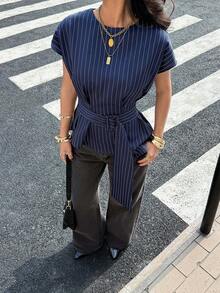 Siren Gaze Women's Navy Blue Striped Asymmetric Short Sleeve Blouse, Elegant Office Lady Waist Cinching Shirt Blue Pinstripe Shirt Navy Striped Top Cinched Waist Blouse - Navy Blue - View 1