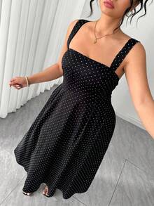 Elenzga Plus Size Casual Black Polka Dot Midi Cami Dress Sleeveless Square Neck Woven Flared Style For Women Poka Dots Gowns - Black - View 5