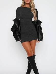 INAWLY 女士优雅纯色性感露背紧身连衣裙，秋季 - 深灰色 - 查看 4