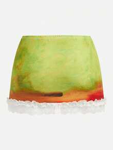 Y2Kool Maria Clara Maia 女士红绿新年派对Y2K千禧年超大芭蕾舞裙，性感蕾丝拼接，印花跳舞猫图案，迷你裙 - 彩色 - 查看 2