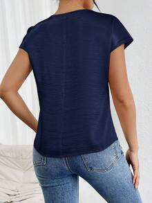 Firerie Áo sơ mi satin tay cánh dơi màu trơn dành cho nữ - Màu xanh hải quân - Xem 2