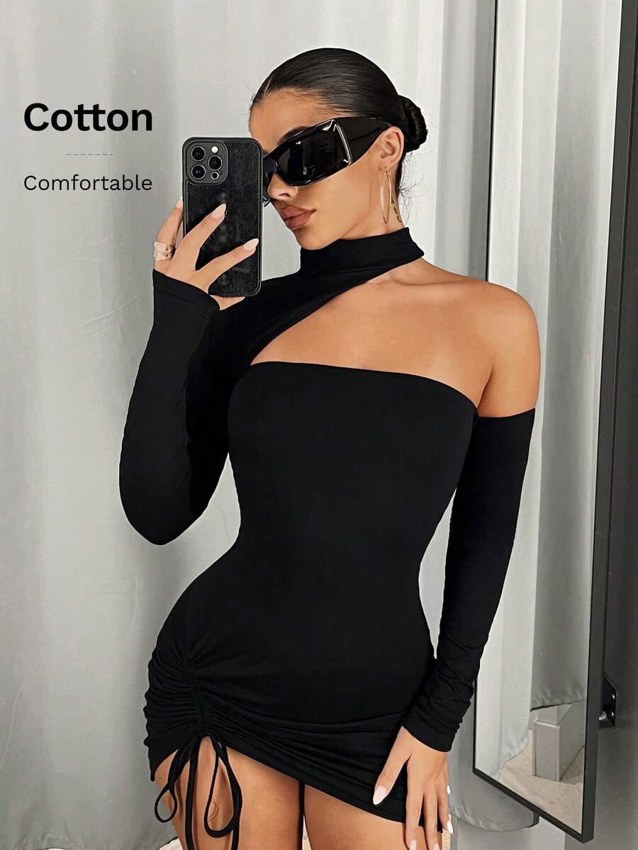 SHEIN ICON Robe Moulante À Col Asymétrique De Couleur Unie Avec Cordon De Serrage À La Taille - Noir - Voir 1