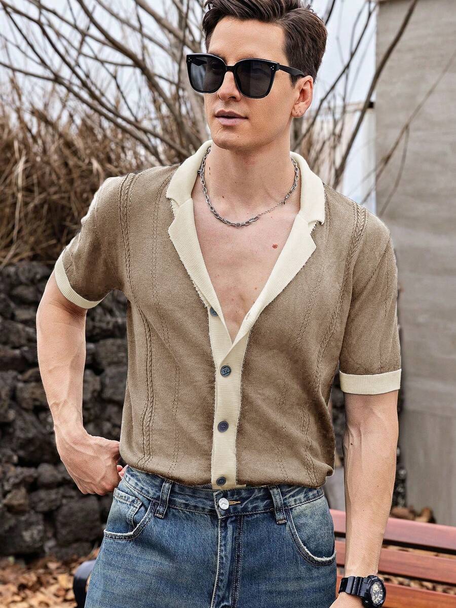 Manfinity Homme 男士休閒對比色短袖針織上衣,夏季針織開襟衫,復古大地色,度假假期 - 卡其色 - 查看 1