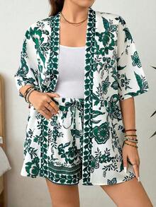 SHEIN LUNE 大码印花衬衫短裤两件套，休闲度假装 - 綠色 - 查看 1