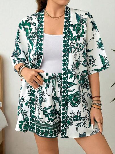 SHEIN LUNE Plus Size Floral Print Shirt & Shorts 2-Piece Set, Casual Holiday Outfit