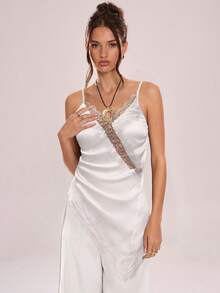 Avenya Women's Side Drawstring Ruched Sheer Lace Patchwork Camisole - Apricot - View 3