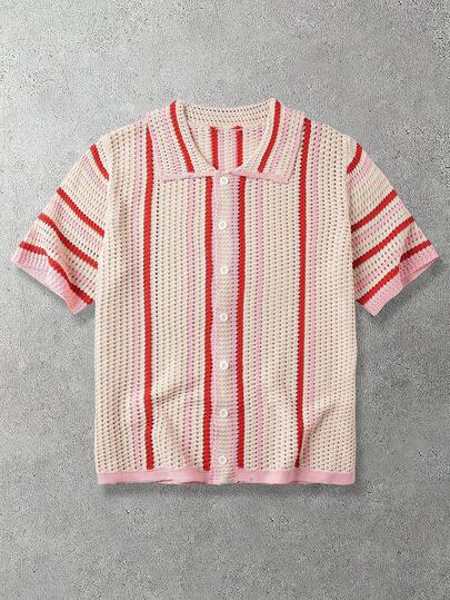 ROMWE MEN 男士条纹短袖单排扣休闲针织上衣