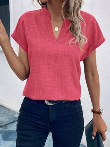 EMERY ROSE Blusa casual de mujer con cuello en V y manga corta - Rojo y blanco - Ver 3