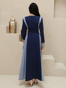 Al Najma Women's Square Neck Color Block Applique Elegant Long Sleeve Arabic Dress - Mauve Purple - View 4