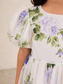 SHEIN Glamorique Kids Young Girl Elegant Starry Print Puff Sleeve Dress With Detachable Blue Cinched Waist, Layered Ruffle Skirt, Lovely And - Blue - View 3