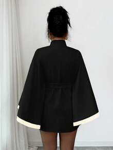 SHEIN Elenzya 女士披肩式喇叭袖羊毛混纺毛衣，优雅休闲，适合街头通勤、商务、浪漫约会、派对、圣诞节等场合，杏色，秋冬款 - 黑色 - 查看 2