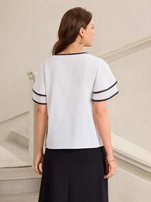 Miaspire 女士撞色滚边V领短袖休闲衬衫白色上衣，外出上衣 - 黑與白 - 查看 2