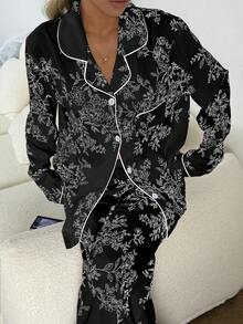 CottageSlumber 女士泡泡褶皱花卉印花长袖睡衣套装 - 黑色 - 查看 5