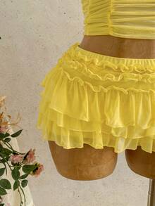 Soleia 女士度假浪漫雪纺褶皱多层裙摆半身裙，适合海滩、海边、性感、约会、海滩度假、假日、下午茶、婚礼季、海滨邮轮度假、城市度假、波西米亚风度假、音乐节、嬉皮风、西部风情等场合。 - 淡黃色 - 查看 4