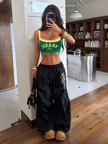 SHEIN EZwear 字母印花撞色肩带运动背心 - 綠色 - 查看 4