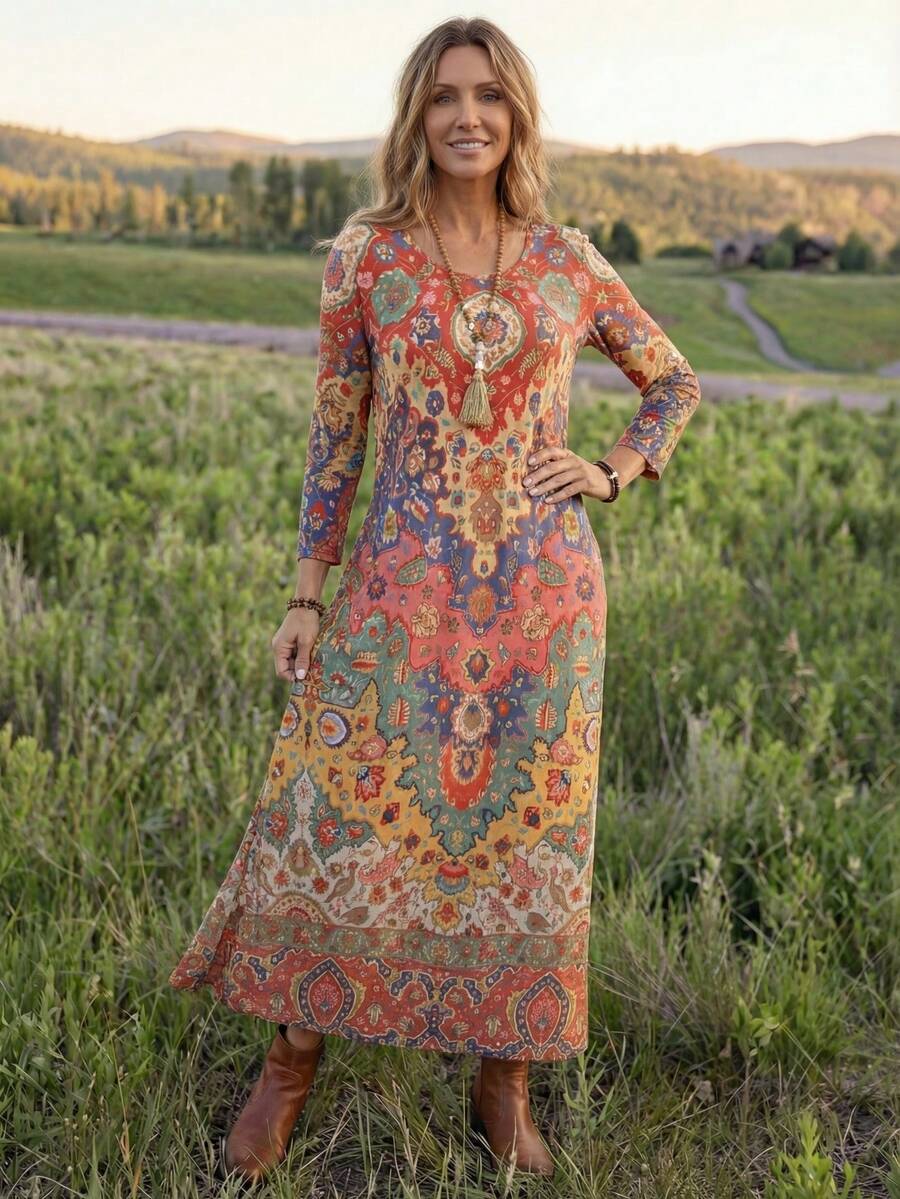 EMERY ROSE Women's Vacation Long Sleeve Knitted Patterned Round Neck Side Pocket Dress - Multicolor - View 1